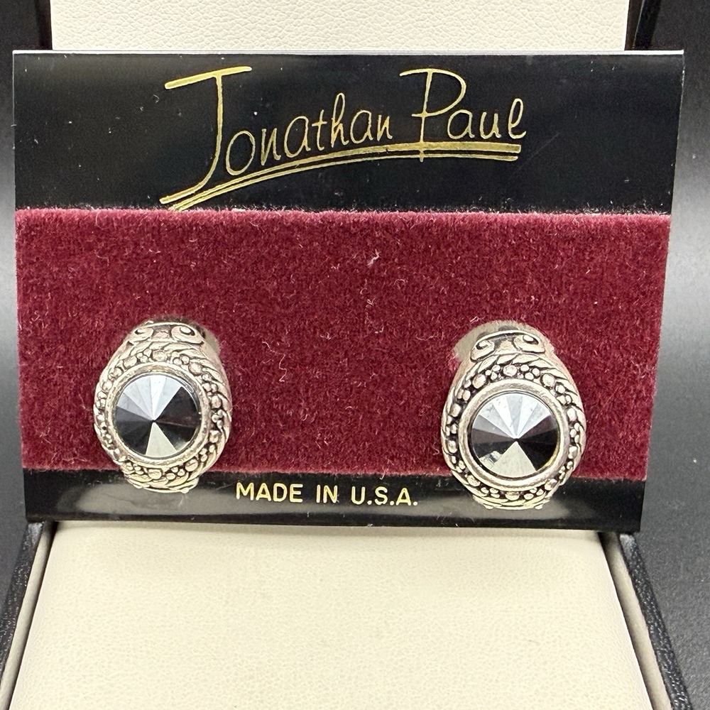 Vintage Jonathan Paul Black Faceted Rhinestone Silver Tone Clip On Earrings USA